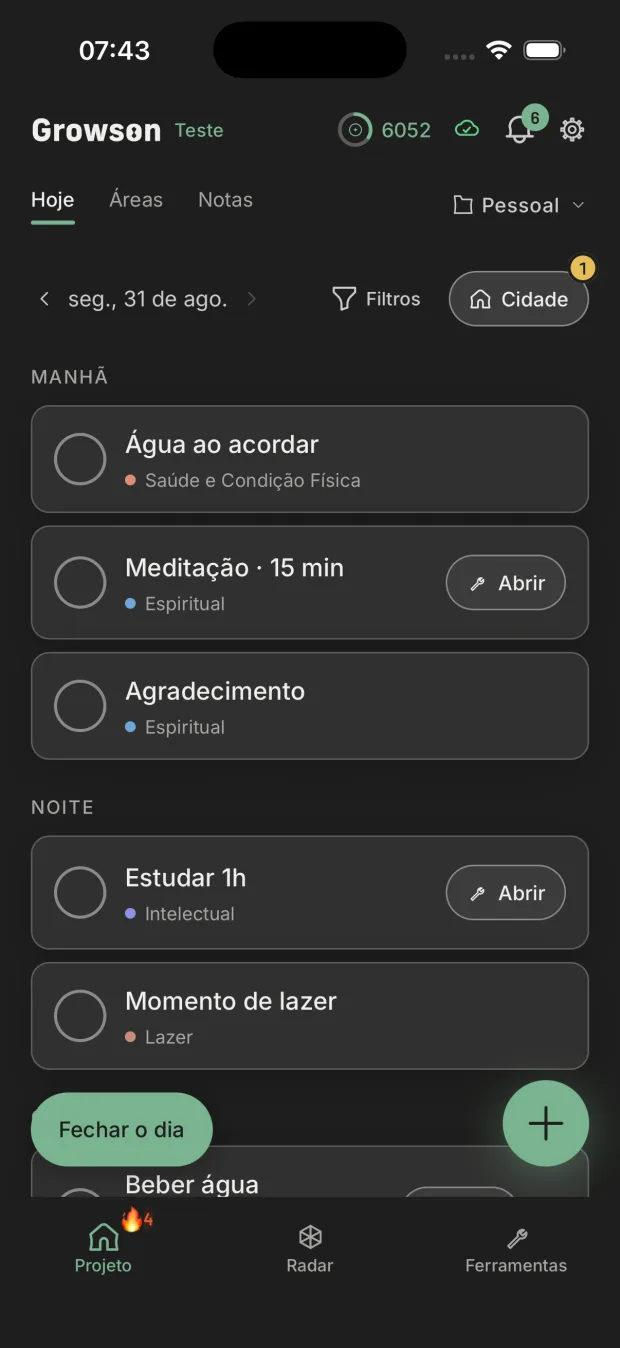Tela Hoje do Growson com os hábitos do dia agrupados por período