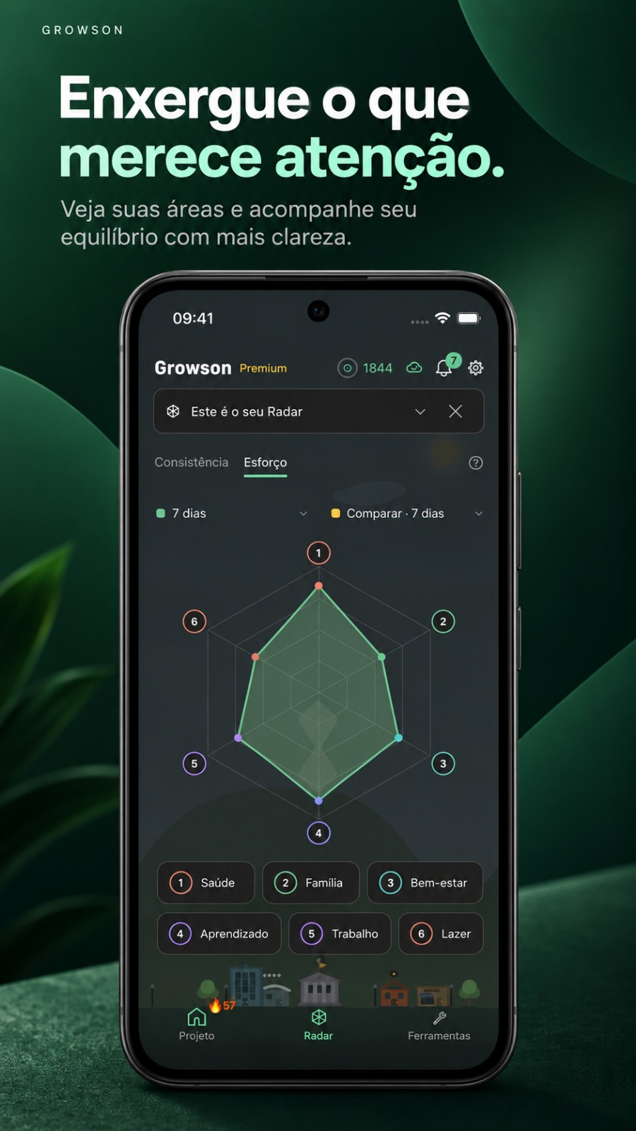 Arte do Growson mostrando o Radar com as áreas da vida.