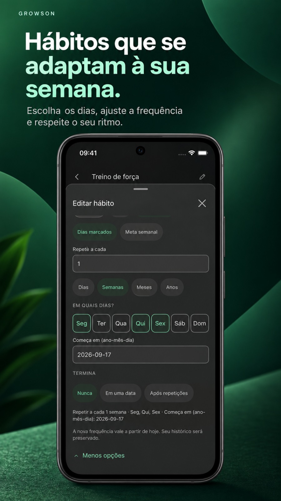 Arte do Growson com a configuração de dias e frequência de um hábito.