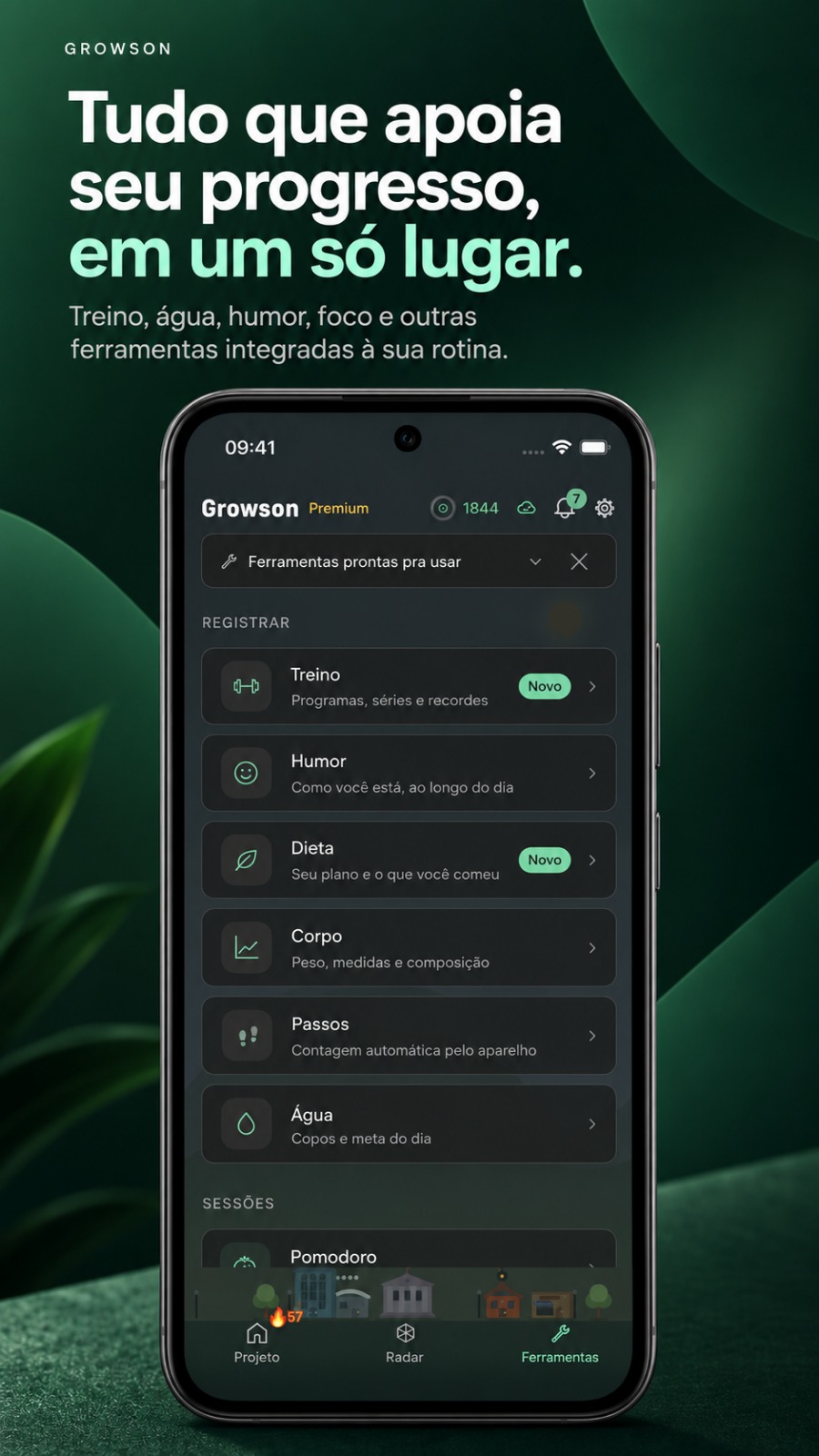 Arte do Growson com as ferramentas de treino, humor, dieta, corpo, passos e água.